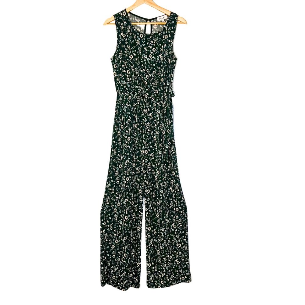 Gilli Womens Jumpsuit Green Floral Romper Wrap Tie Wide Leg Size S